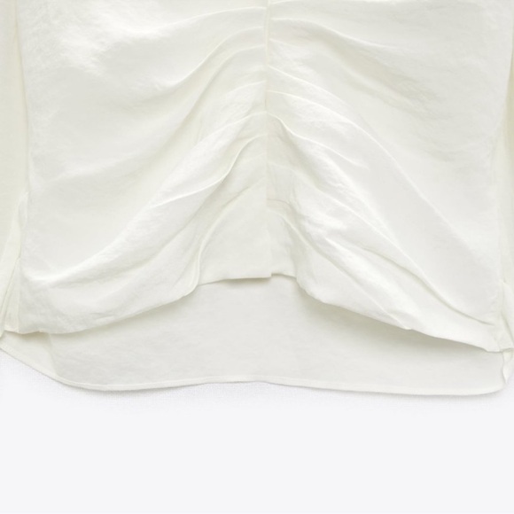Zara EUC Ruched V-Neck White Blouse Top Size S Lightweight Collared Long Sleeve - Picture 9 of 12